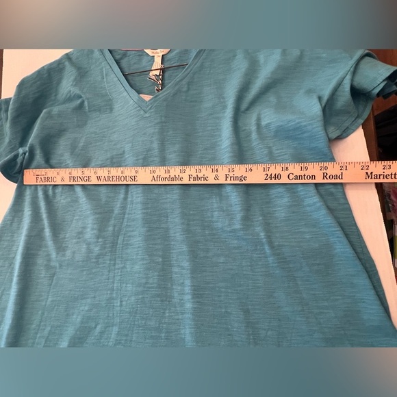 MATILDA JANE WOMEN’S TOP. SIZE XL. TURQUOISE TONES  RUFFLE STYLE SHORT SLEEVES - Picture 2 of 9